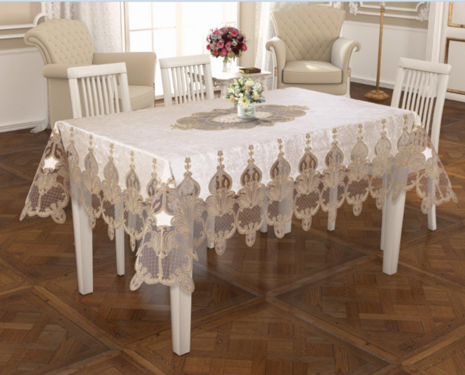 Скатерть велюровая Acme Tekstil Lale 160x300 см Krem (CN19805)