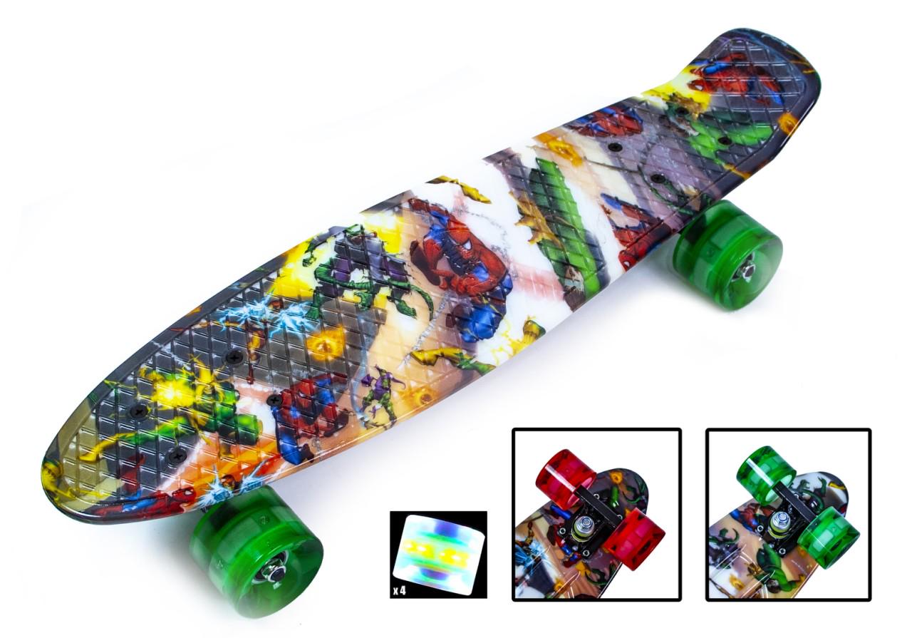 Пенни борд с рисунком и светящимися колесами мини скейт 55х15см Penny Board Heroes