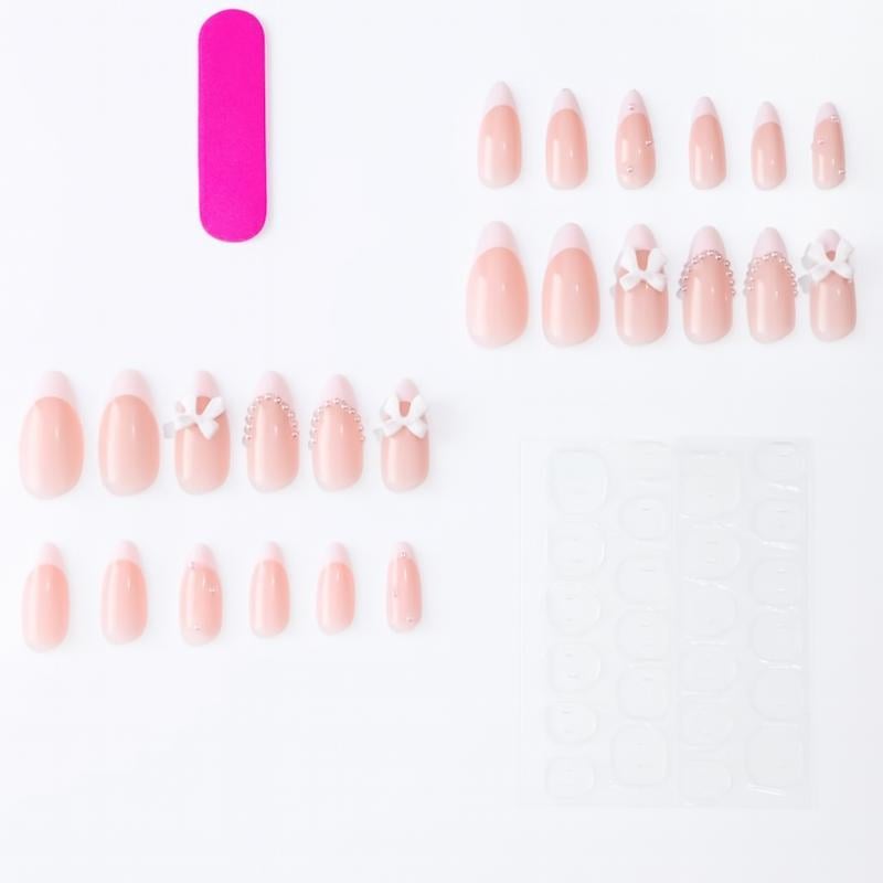 Накладные ногти с объемным дизайном Бант с жемчугом миндаль средней длины с клеевыми пластинами 24 шт. Белый (2789190688)