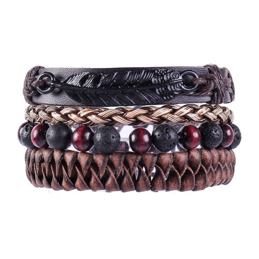 Набір плетених шкіряних чоловічих браслетів універсального розміру пір'я з намистинами лава (NR0505)