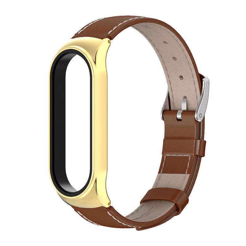 Ремешок для смарт-браслетов MiJobs кожаный для Xiaomi Mi Band 5/4/3 Коричневый/Золотой (1490P)