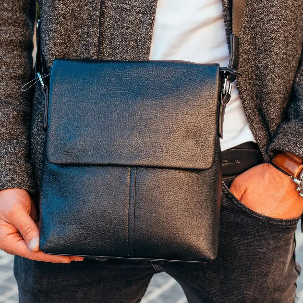 Мессенджер через плечо Tiding Bag кожаный Черный (2862)