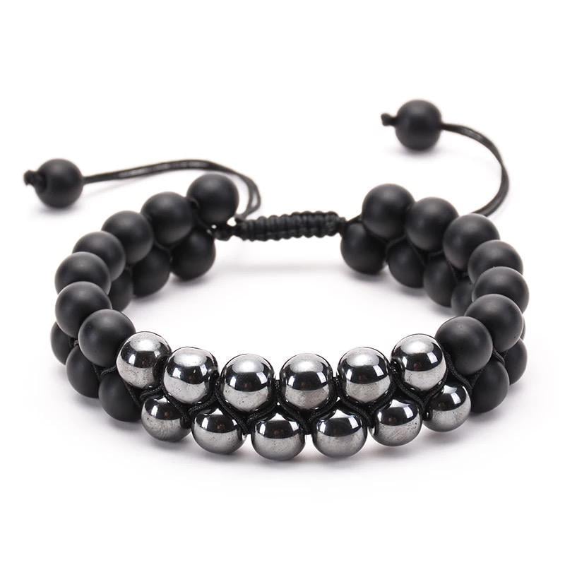 Браслет двойной плетеный из шунгита и гематита р. 23 (80134)