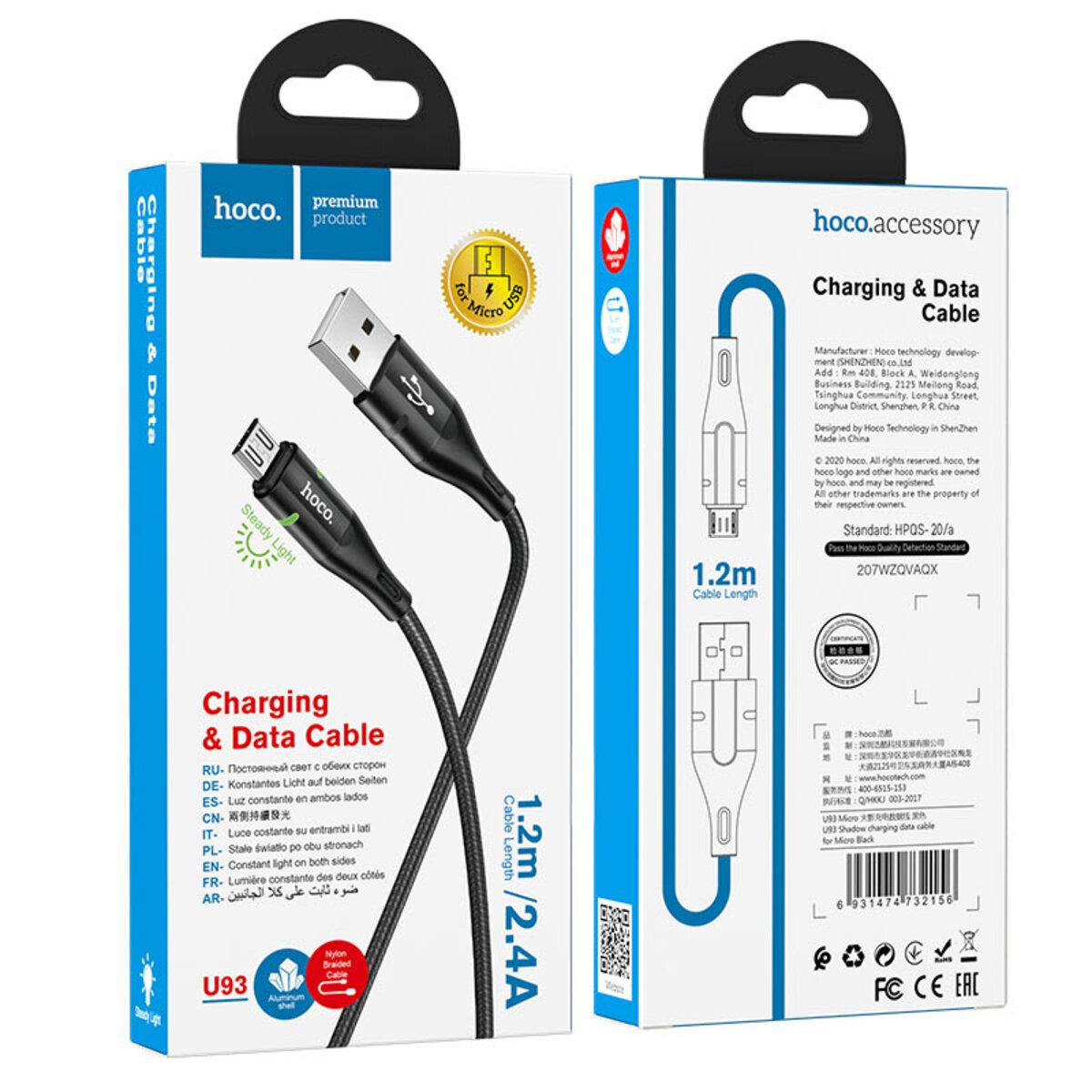 Кабель Hoco U93 USB to Micro USB с индикатором 2,4 A 1,2 м Black (580960) - фото 2