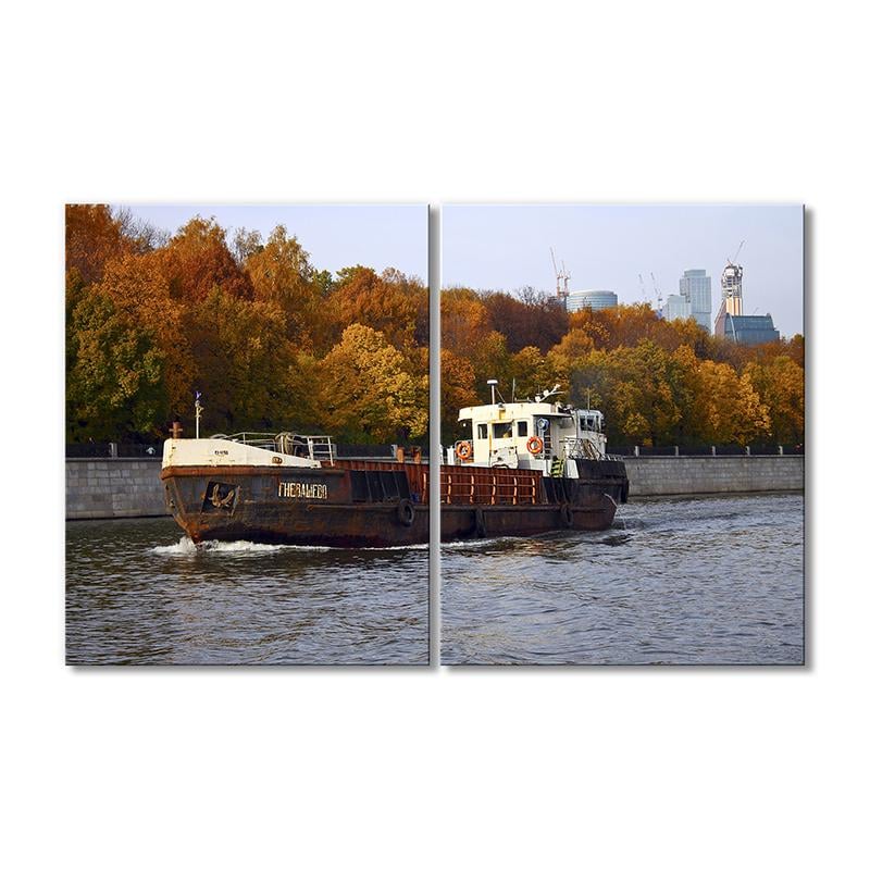 Картина модульная Буксир на реке 2 модуля 90x135 см