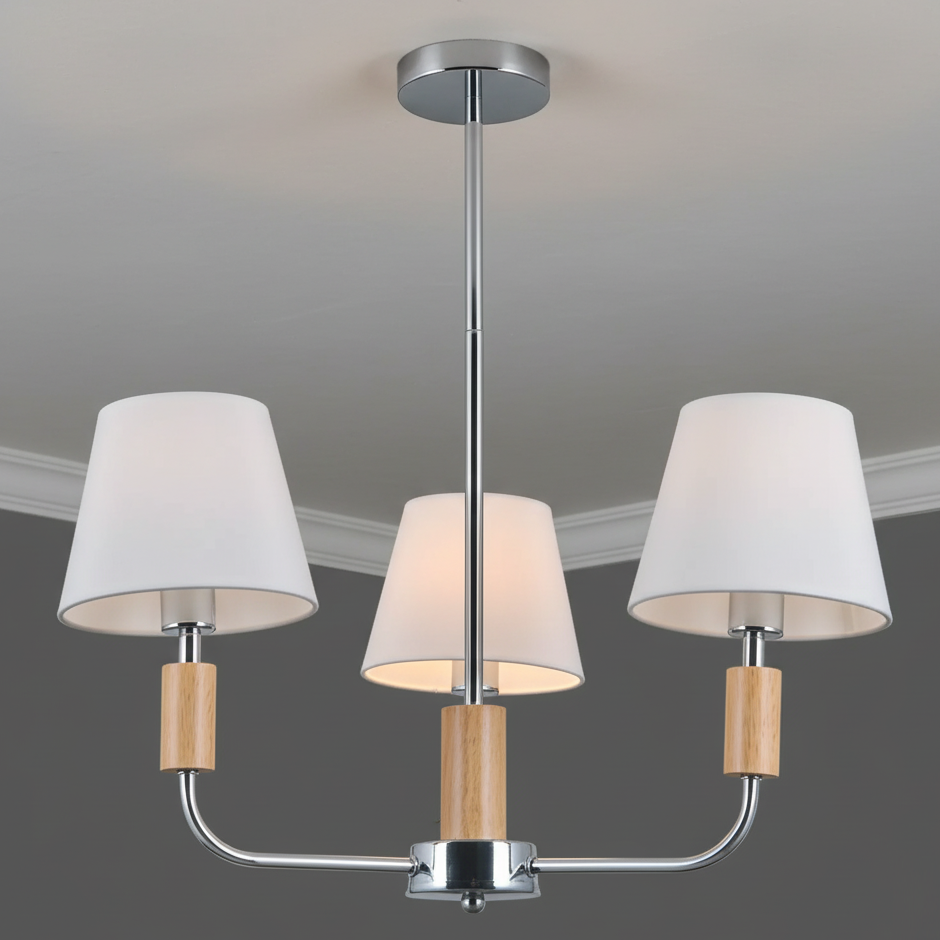 Люстра VALESO с деревянным декором на три плафона под лампы Е27 Хром/Белый (V16-3 CH)
