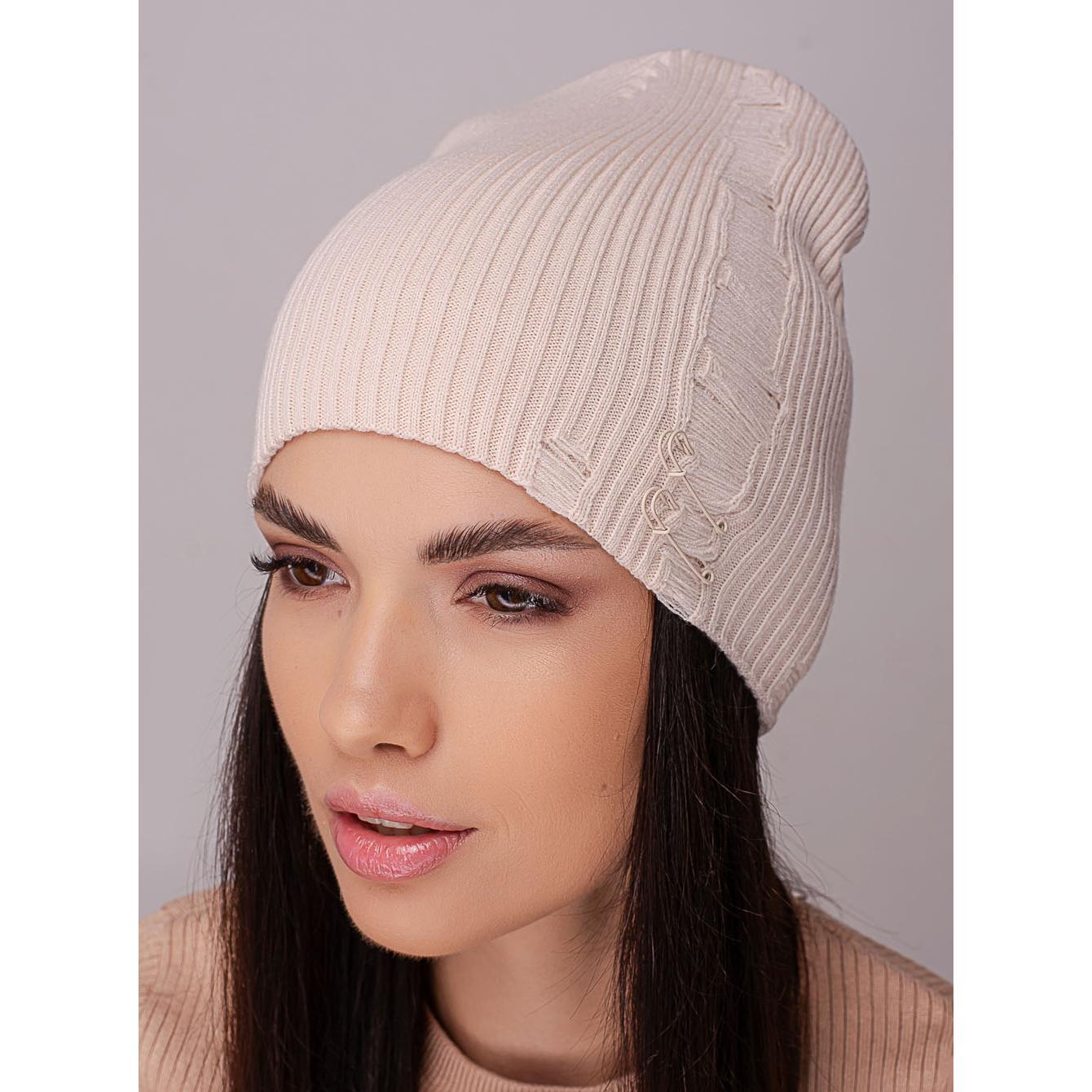 Шапка женская Leks ЧИКАГО без отворота двойная рваная со шпильками в рубчик one size Кремовый (215415) - фото 1