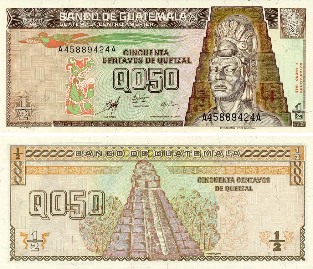 Коллекционная банкнота Гватемала 1/2 кетсаля 1998 UNC Февраль (P98)