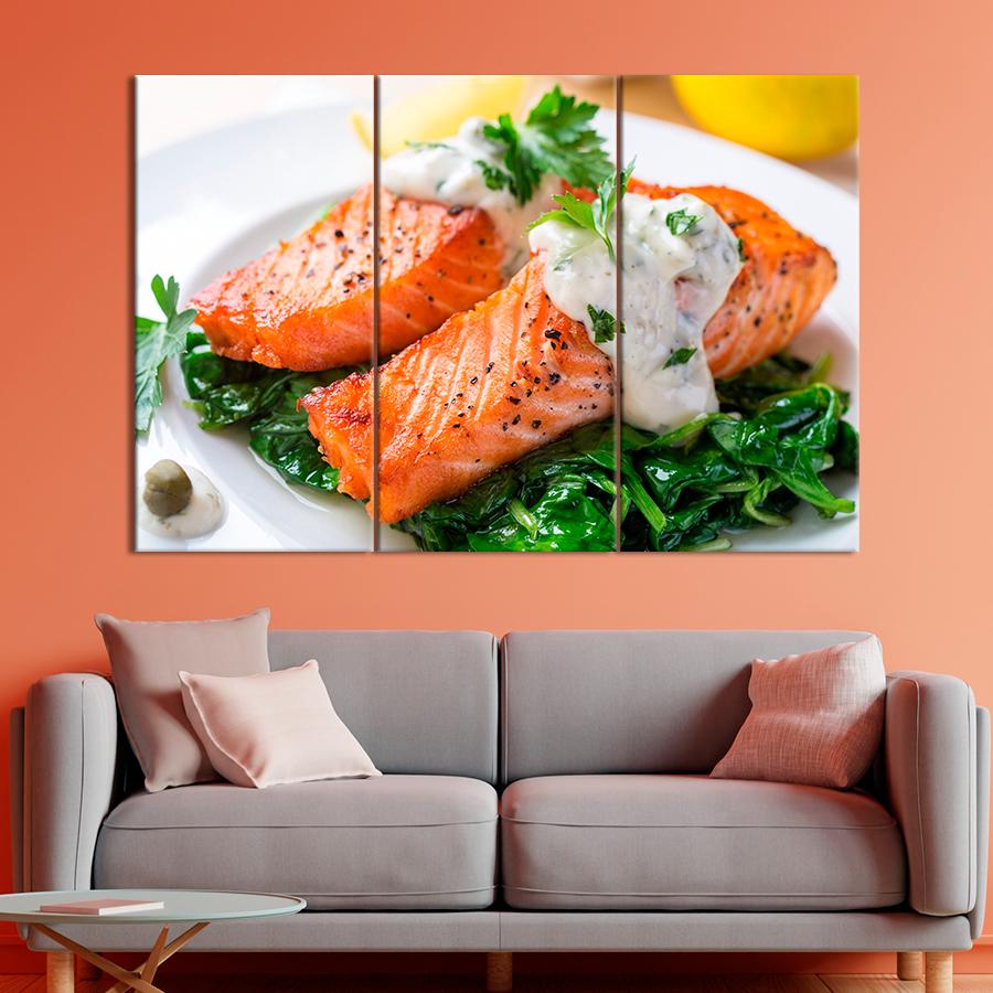 Настенний декор Лосось со сливочным соусом на подушке с зелени 78x48 см (A497-3)