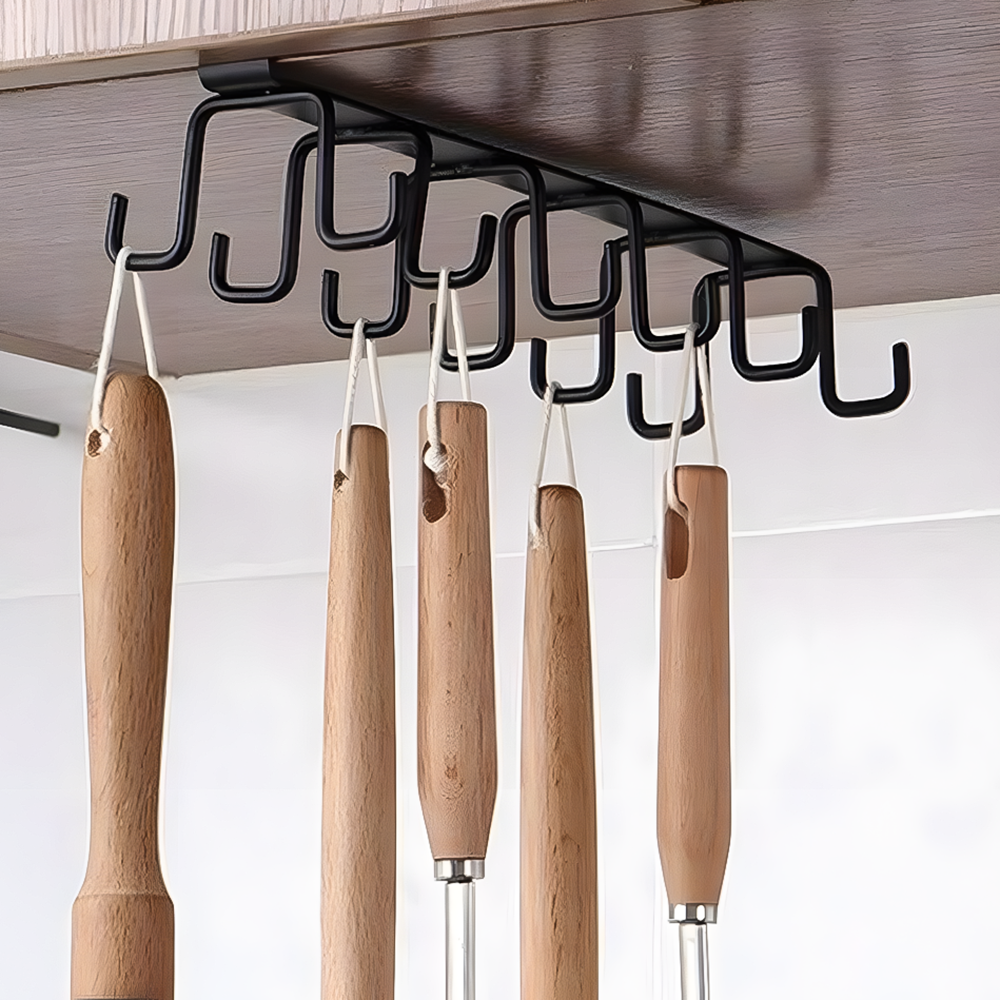 Вешалка-органайзер навесная для чашек и кухонных принадлежностей металлическая 12 крючков Черный