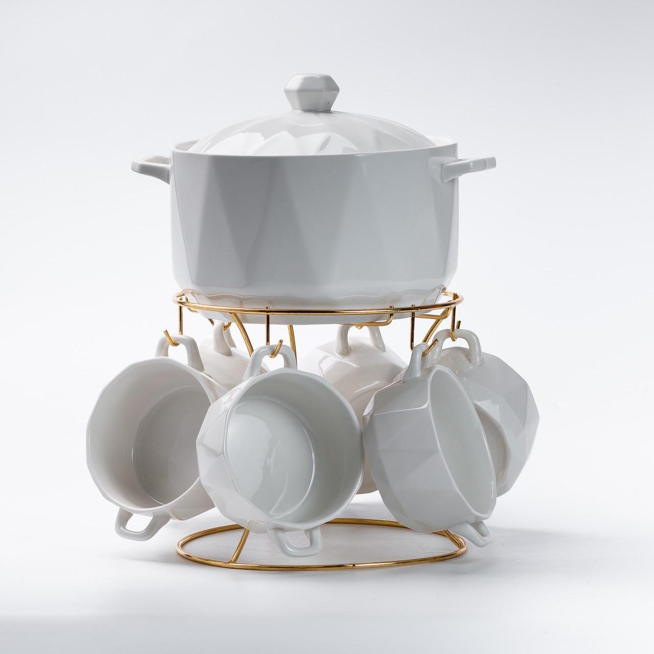 Столовий сервіз суповий на 6 персон на металевій підставці Білий