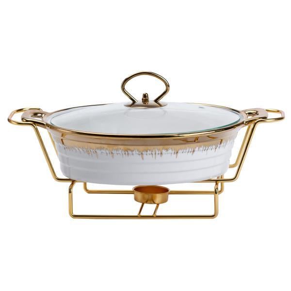 Мармит керамический круглый YIWU HP1025 со стеклянной крышкой на металлической подставке 1 л Золотой с белым (HP1025)