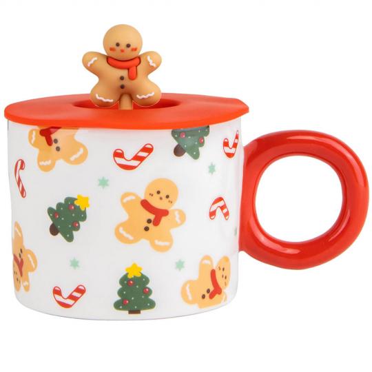 Чашка новогодняя с крышкой Christmas Nigh из керамики 350 мл Белый (150-81-9151-005.1)