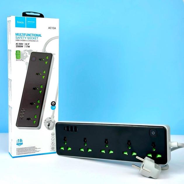 Подовжувач на 5 розеток Hoco AC13A 3USB/1Type-C 10A 250V 2500W 1,5 м Чорний (2542684351) - фото 4 Подовжувач на 5 розеток Hoco AC13A 3USB/1Type-C 10A 250V 2500W 1,5 м Чорний (2542684351) - фото 4