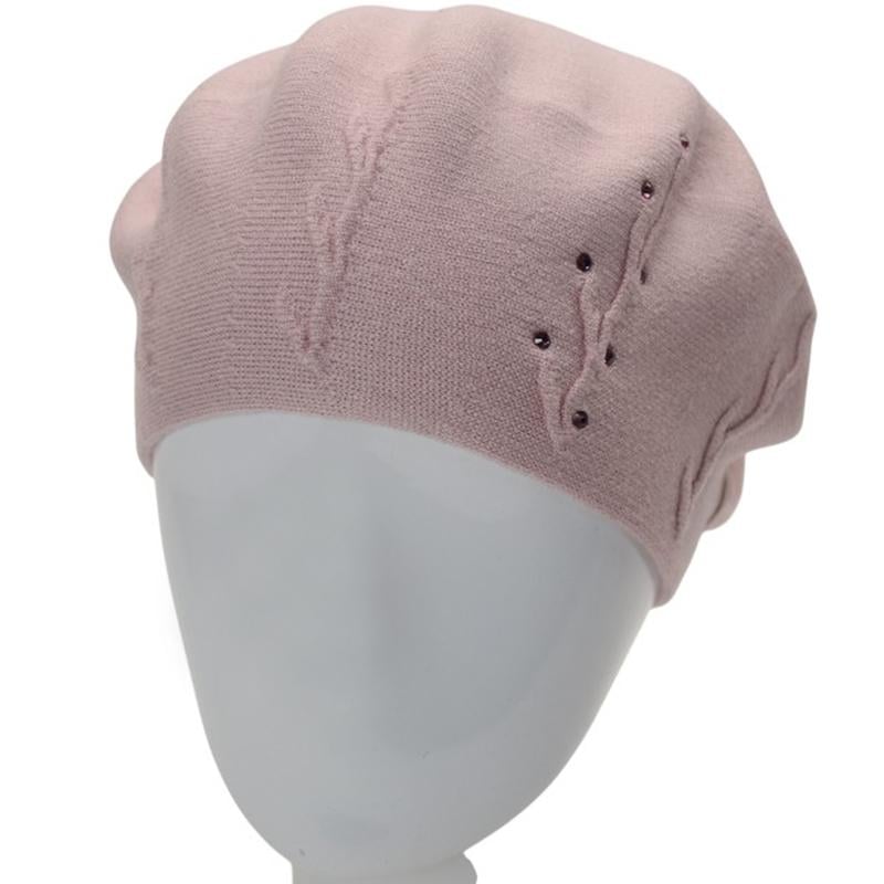 Берет женский Novita Ветка двойной с аккуратным узором сбоку и стразами one size Бледно-Розовый (281843)