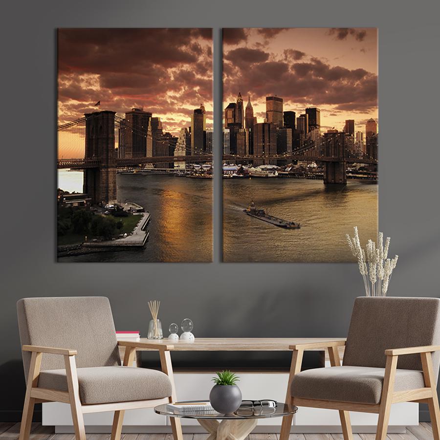 Настенный декор диптих картина на холсте для интерьера Сумерки над Бруклинским мостом 165x122 см (315-2)