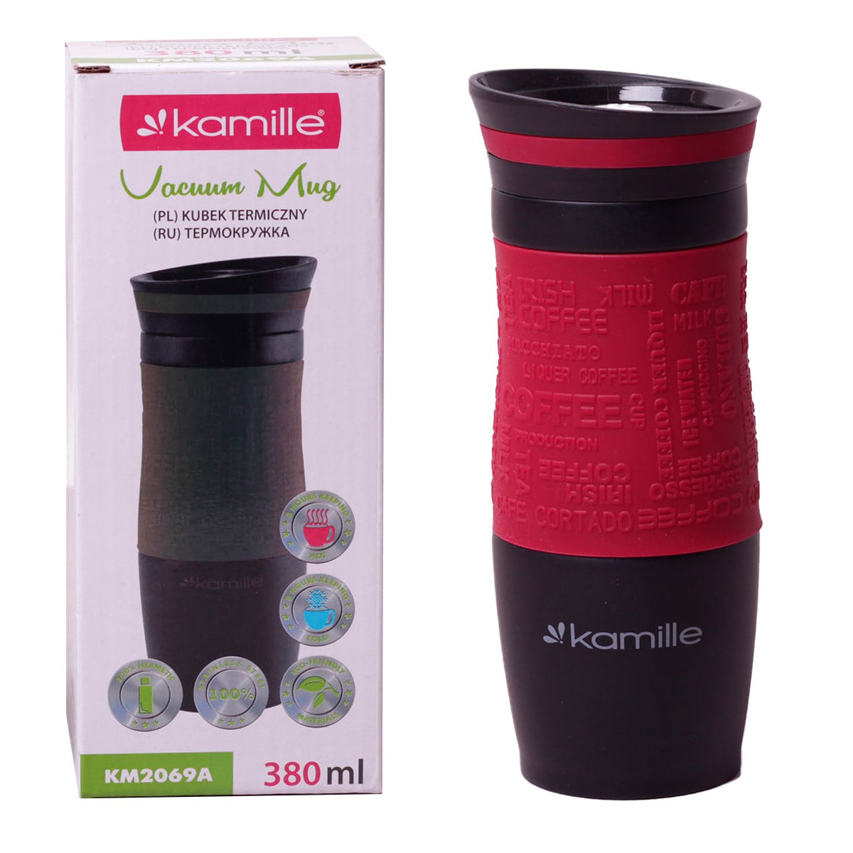 Термокружка Kamille 380 мл из нержавеющей стали с TPR-вставкой Красный/Черный KM-2069ARD