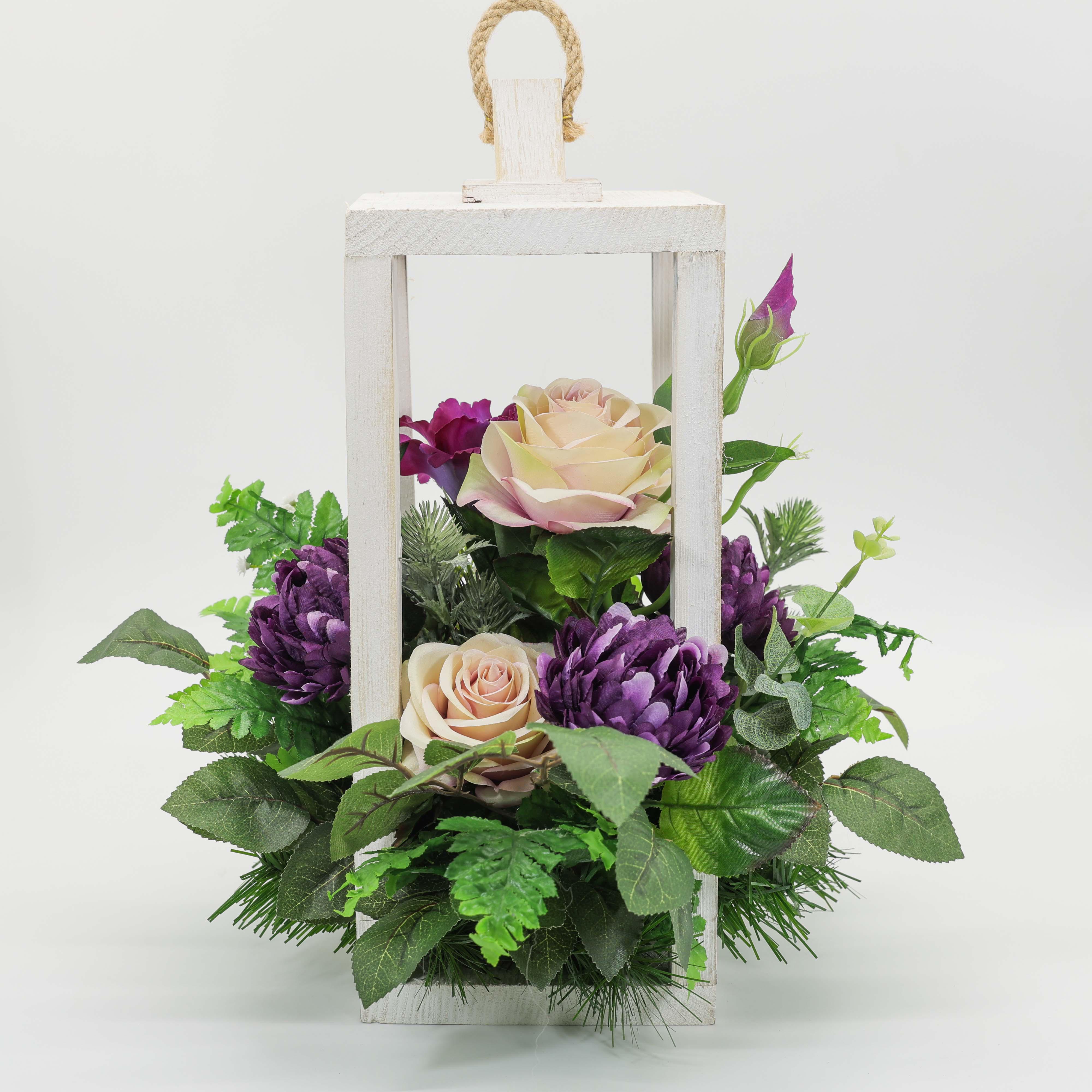 Пасхальная композиция ДАЙС из искусственных фиолетовых и розовых цветов в деревянном обрамлении 35 см (LB3515F)