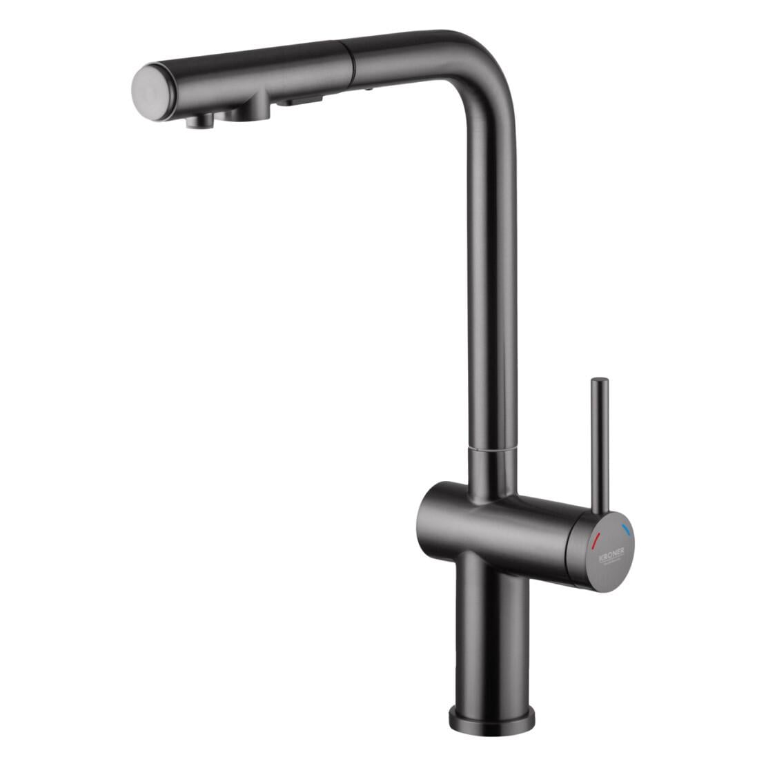 Змішувач для кухні Kroner KRP Kuche - GRP03839 з висувним виливом та підключенням до фільтру латунний Графітовий