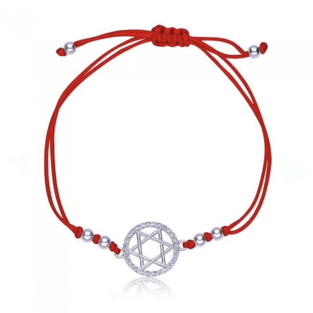 Браслет оберег звезда давида с белыми камнями серебро 925 пробы родированное 2,31 г Красный (75163б)