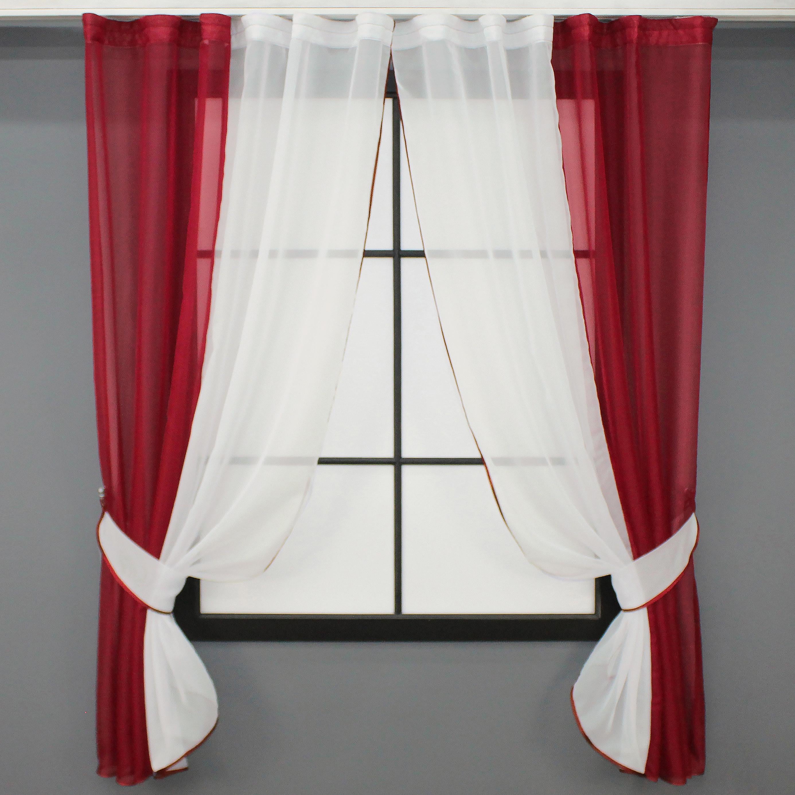 Шторы кухонные VR-Textil №017к комбинированные с подвязками 265х170 см Красный/Молочный (52-0925)