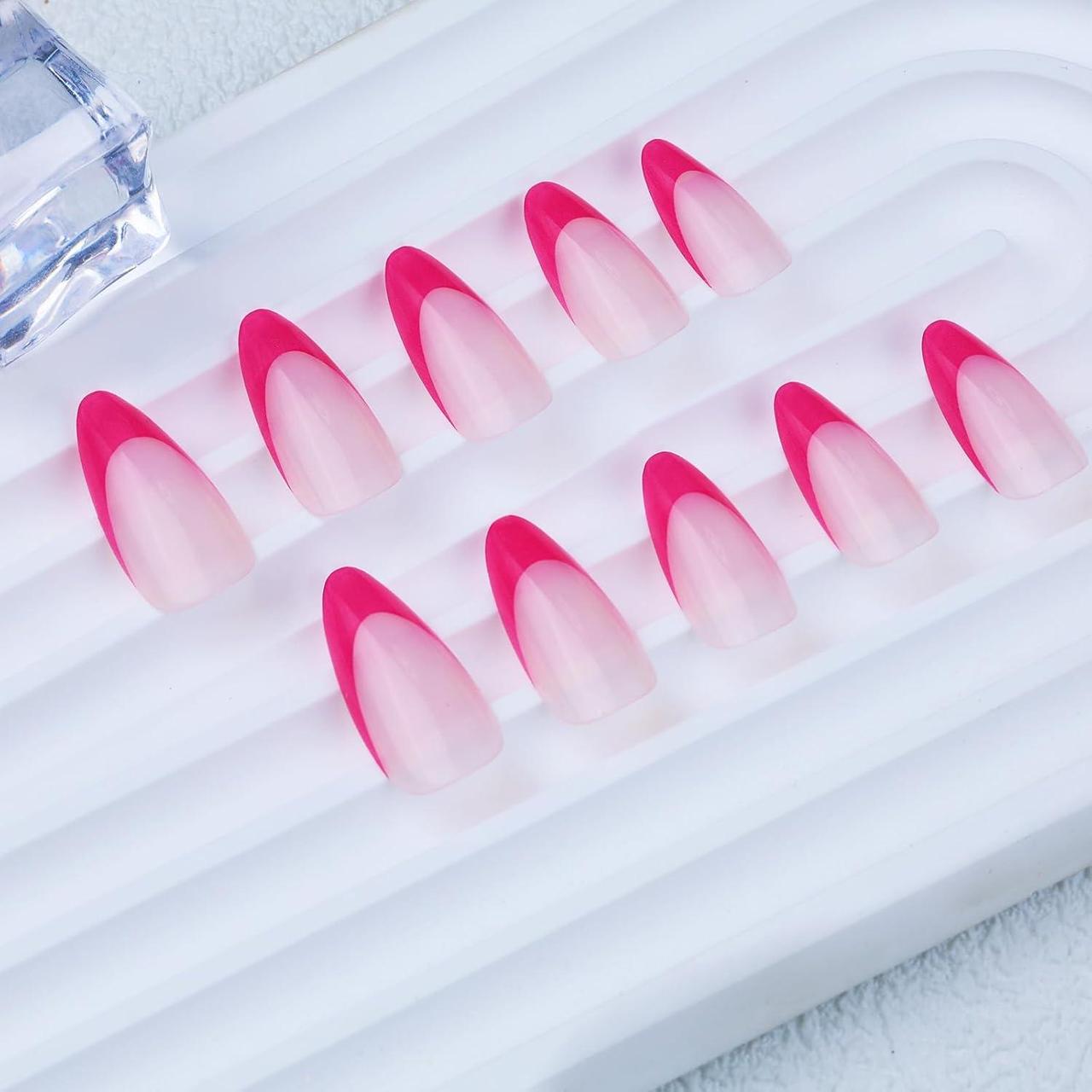 Накладні нігті нюдовий френч мигдаль із клейовими пластинами 24 шт. Рожево-червоний - фото 7