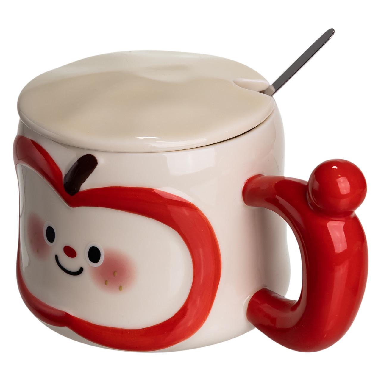 Чашка порцелянова Cute Apple з кришкою та ложкою 400 мл Червоний (FM-25B) - фото 4