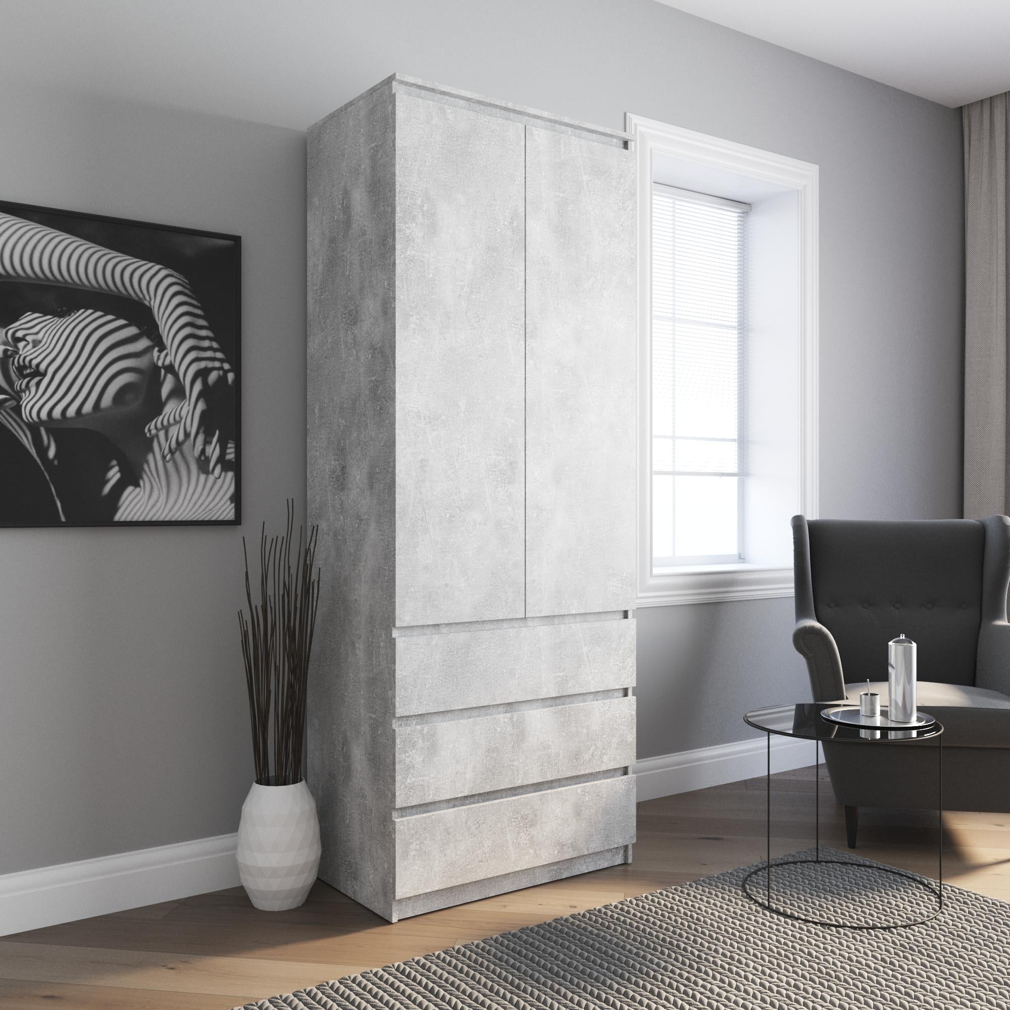 Шкаф для одежды VAYS R-9 со штангой на 3 выдвижных ящика с фасадами без ручек Бетон