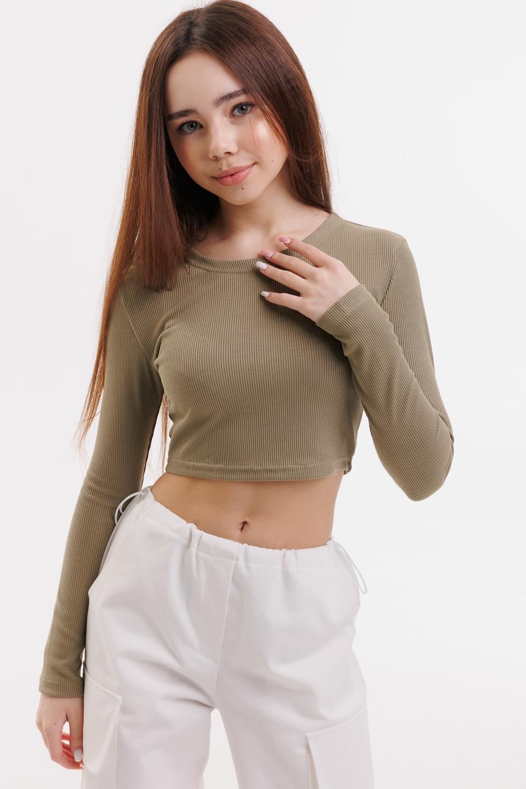 Топ с длинным рукавом для девочки укороченный 134 см Хаки (127055)