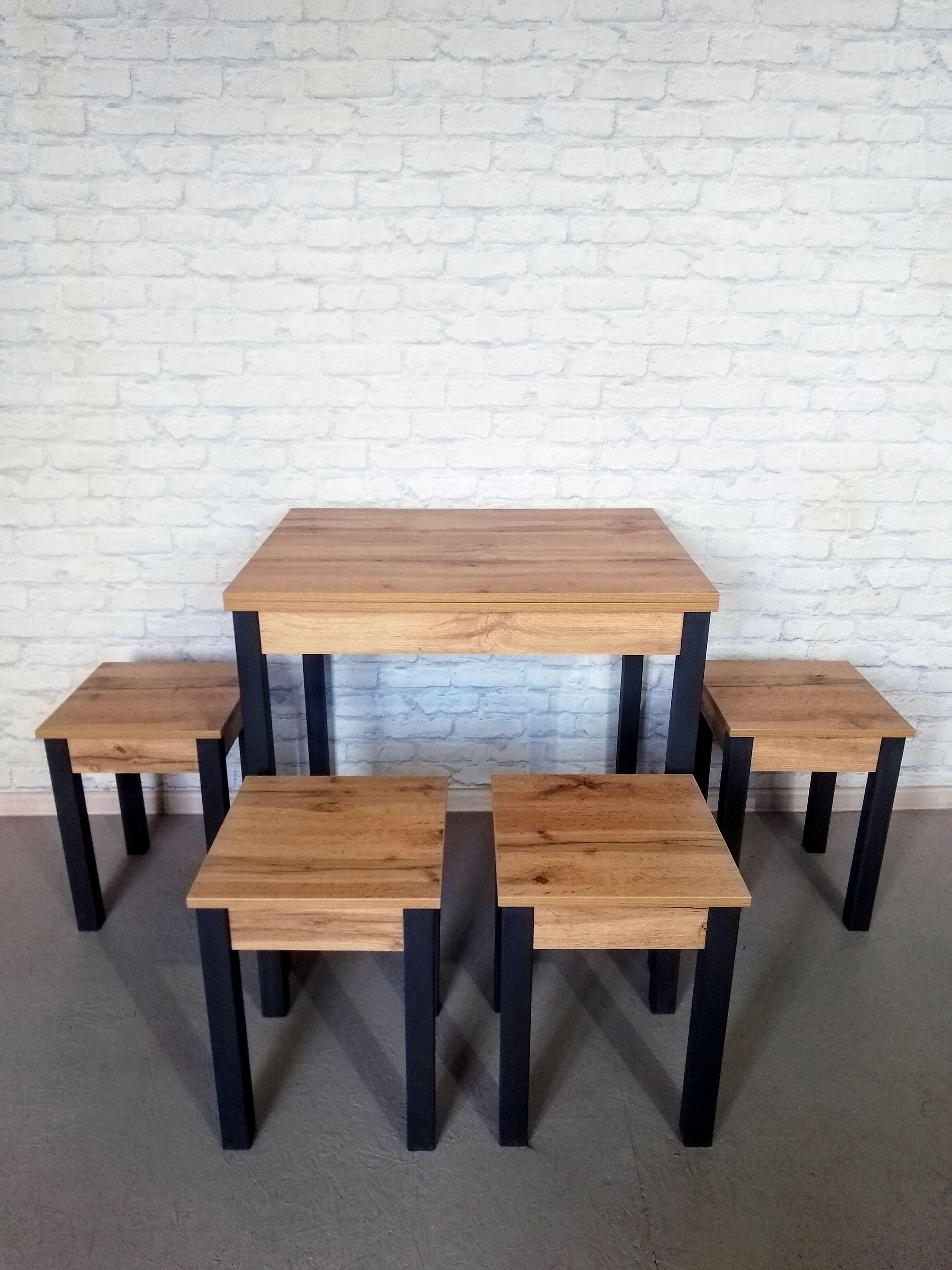 Обеденный стол раскладной и 4 табурета Вента ножки деревянные 80х60х75 см/34х34х45 см Дуб аппалачи/Графитовый (0018) - фото 2 Обеденный стол раскладной и 4 табурета Вента ножки деревянные 80х60х75 см/34х34х45 см Дуб аппалачи/Графитовый (0018) - фото 2