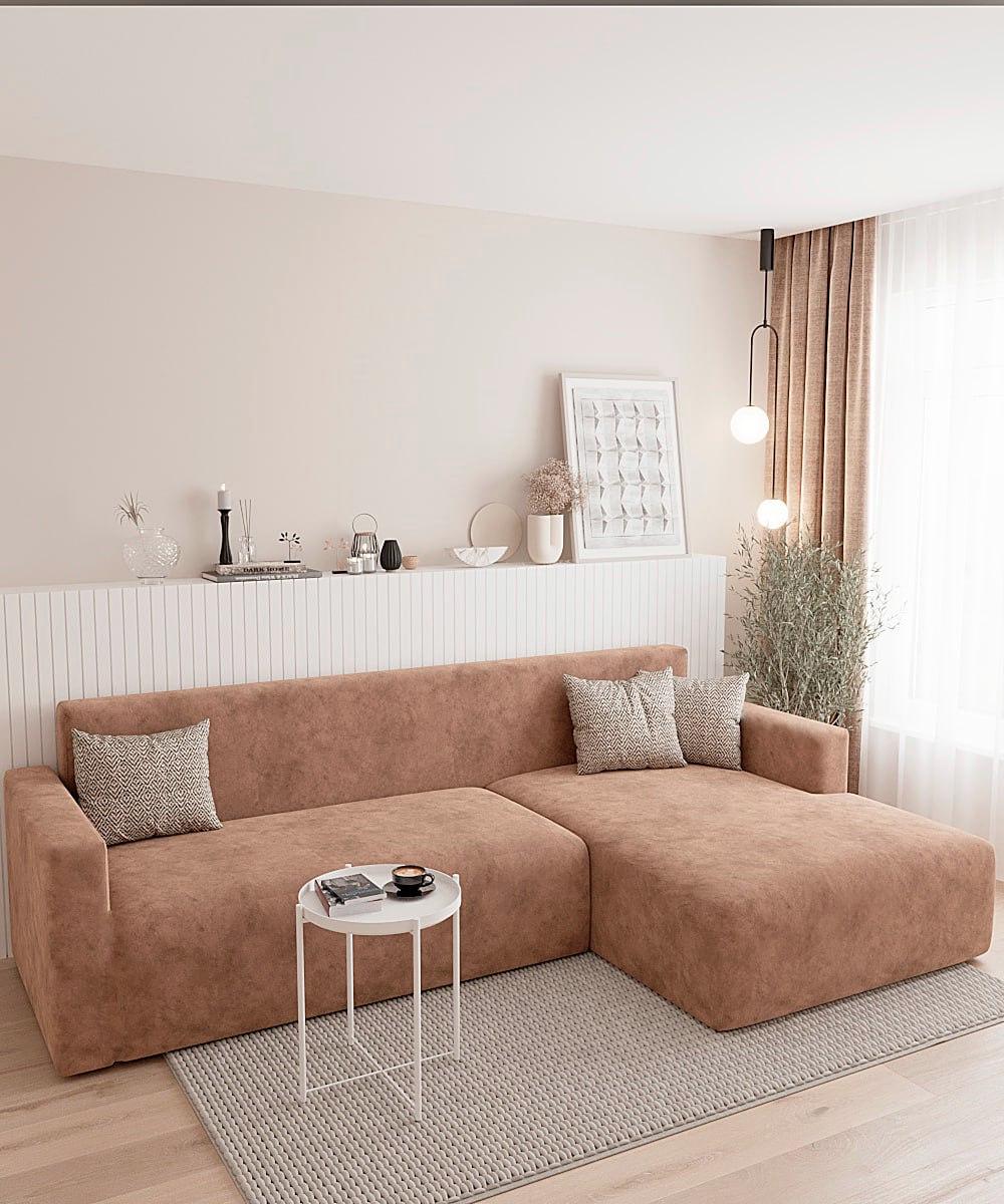 Чехол на диван угловой велюровый натяжной без юбки 145х185 см Бежевый (br3-2)