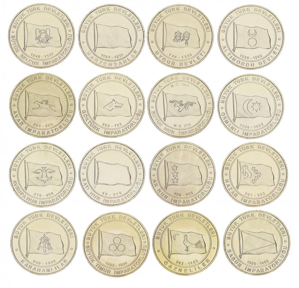 Коллекционные монеты Турция из 16 монет по 1 куруш 2015 Флаги. Великие тюркские государства UNC Великие (М04285)