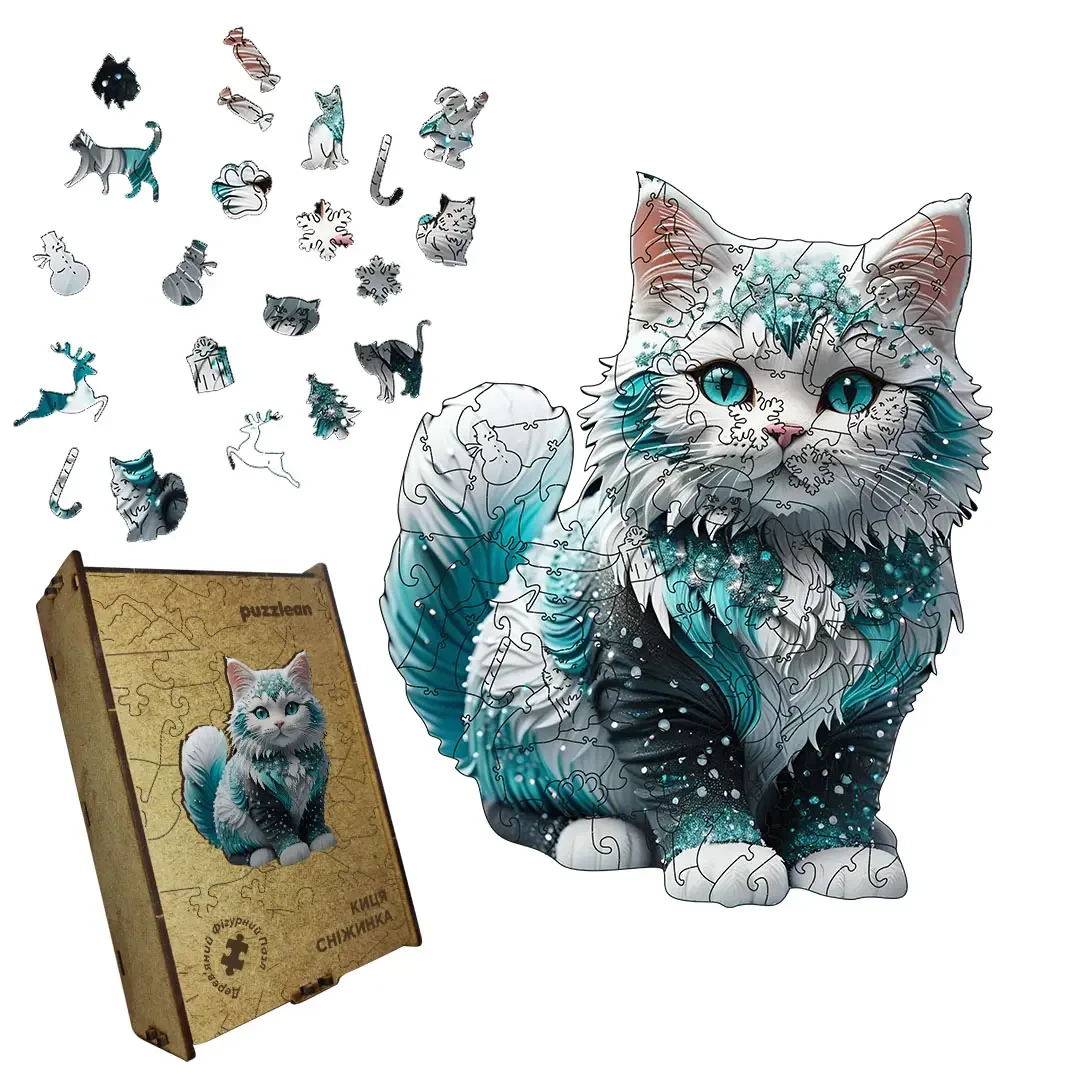 Пазл деревянный Кошка Снежинка А5 35 ​​деталей картонная коробка 14х14 см
