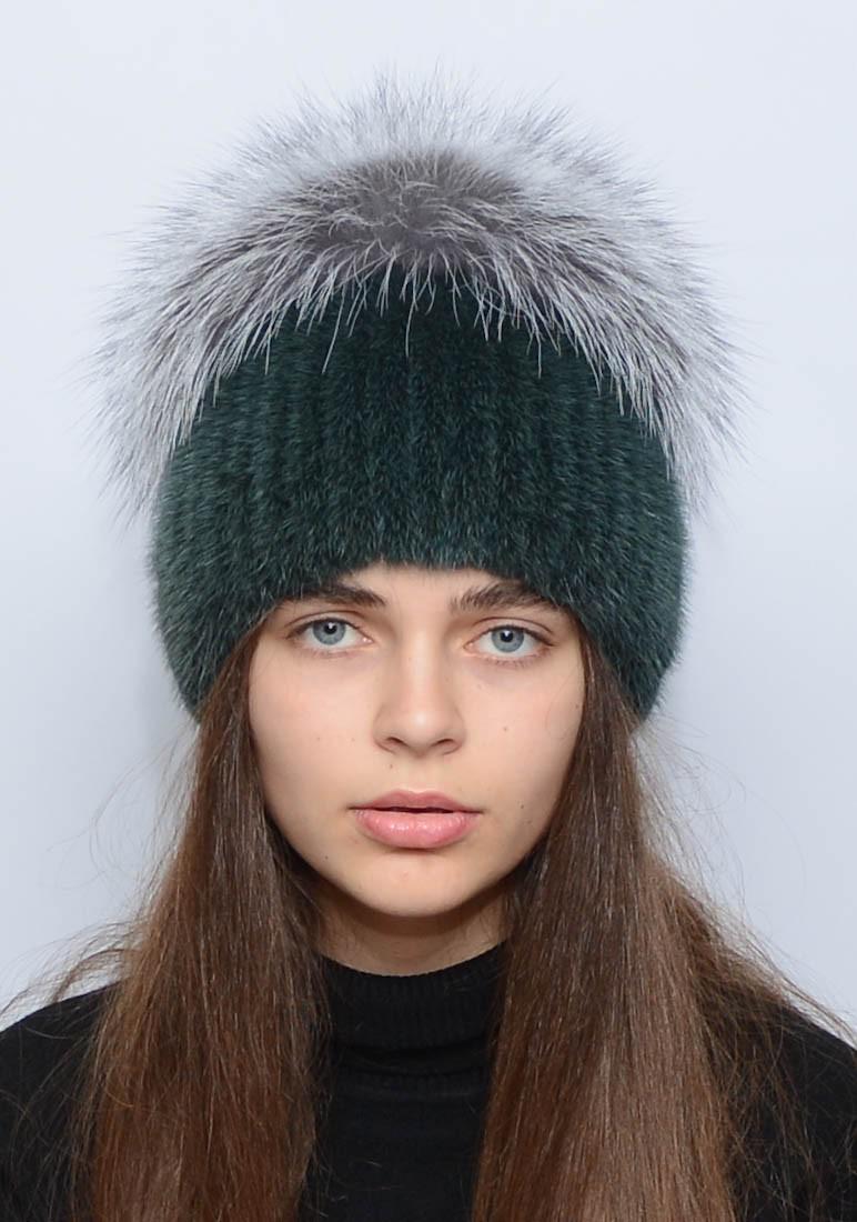 Зимова шапка із в'язаної норки Хутряний стиль Кулька з бубоном із чорнобурки Смарагд (115/3)
