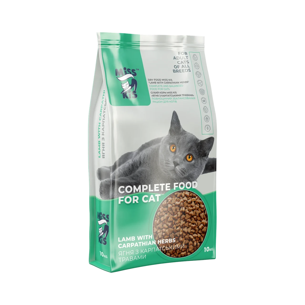 Сухой корм для взрослых кошек Міс Кіс Ягненок с карпатскими травами 10 кг