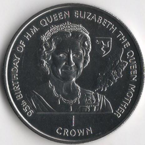 Колекційна монета Острів Мен 1 крона 1995 95 років королеві-матері UNC (KM#458)