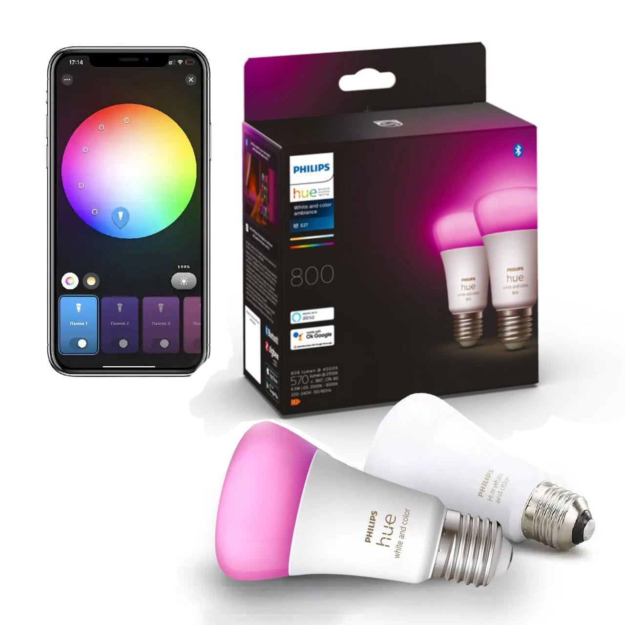Умные LED лампочки Philips Hue E27 White and Color 800лм 60Вт 9W, ZigBee, Bluetooth, Apple HomeKit, 2шт. Умные LED лампочки Philips Hue E27 White and Color 800лм 60Вт 9W, ZigBee, Bluetooth, Apple HomeKit, 2шт.