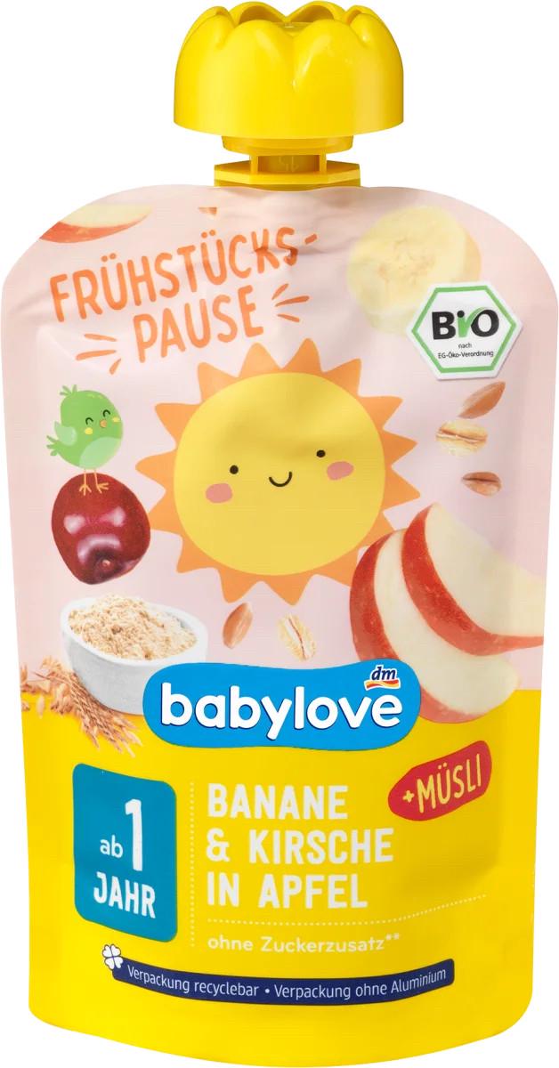 Пюре Babylove с яблоком бананом и вишневыми мюсли для детей от 1 года 100 г