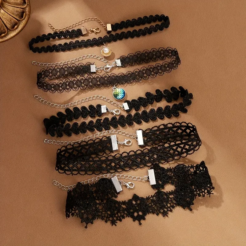 Набір чокерів жіночих оксамитових мереживних 5 шт. Чорний (32373694)