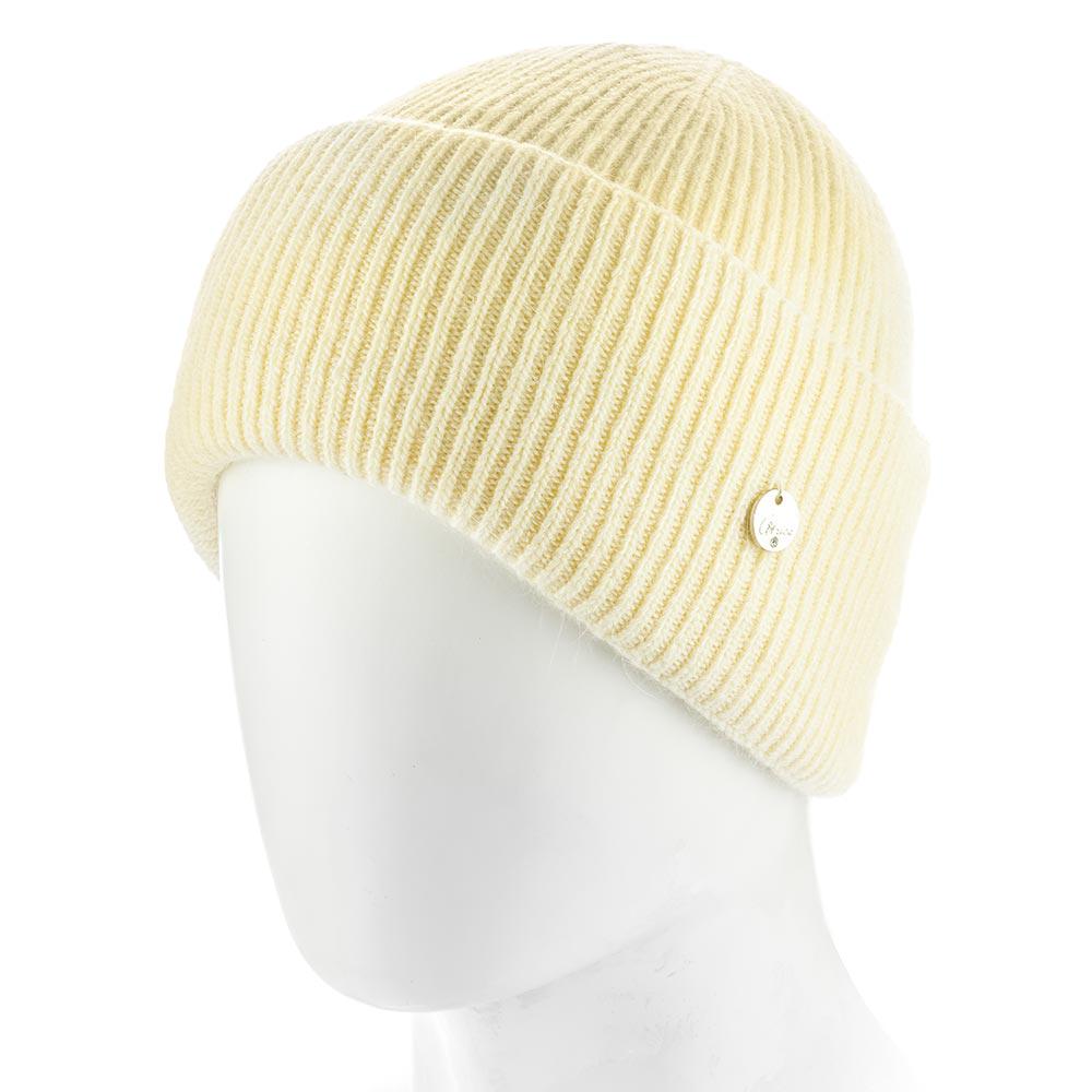 Шапка женская ангоровая зимняя Atrics WH894 в мелкий рубчик с двойным отворотом утепленная флисом Ваниль - фото 1