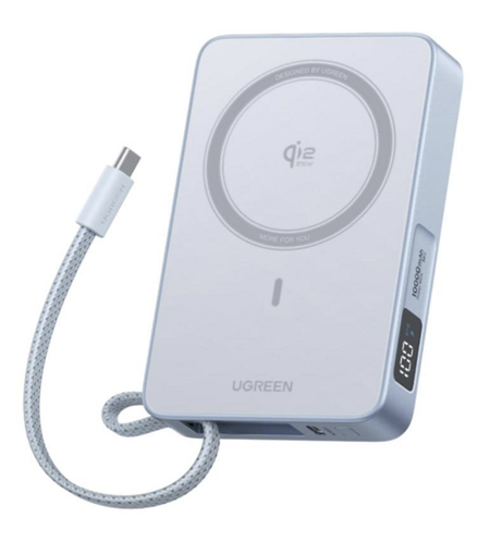 Магнитная батарея UGREEN MagFlow 10000 mAh Qi2 25W со встроенным кабелем и дисплеем