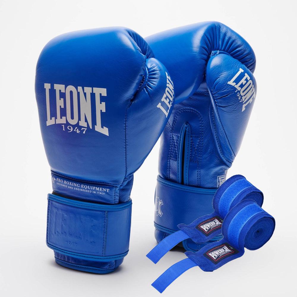 Боксерські рукавиці Leone GN111 THE GREATEST 16 унцій бинти 4 м в комплекті Blue (3019812498)