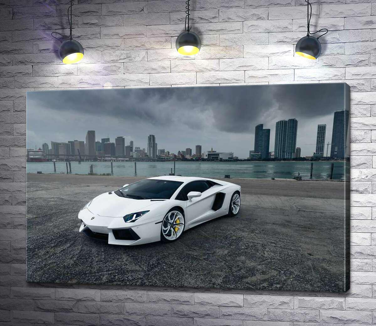 Картина ArtPoster Белоснежный автомобиль Ламборгини (Lamborghini) на фоне предгрозового мегаполиса 50x33 см Модуль №1 (000049)
