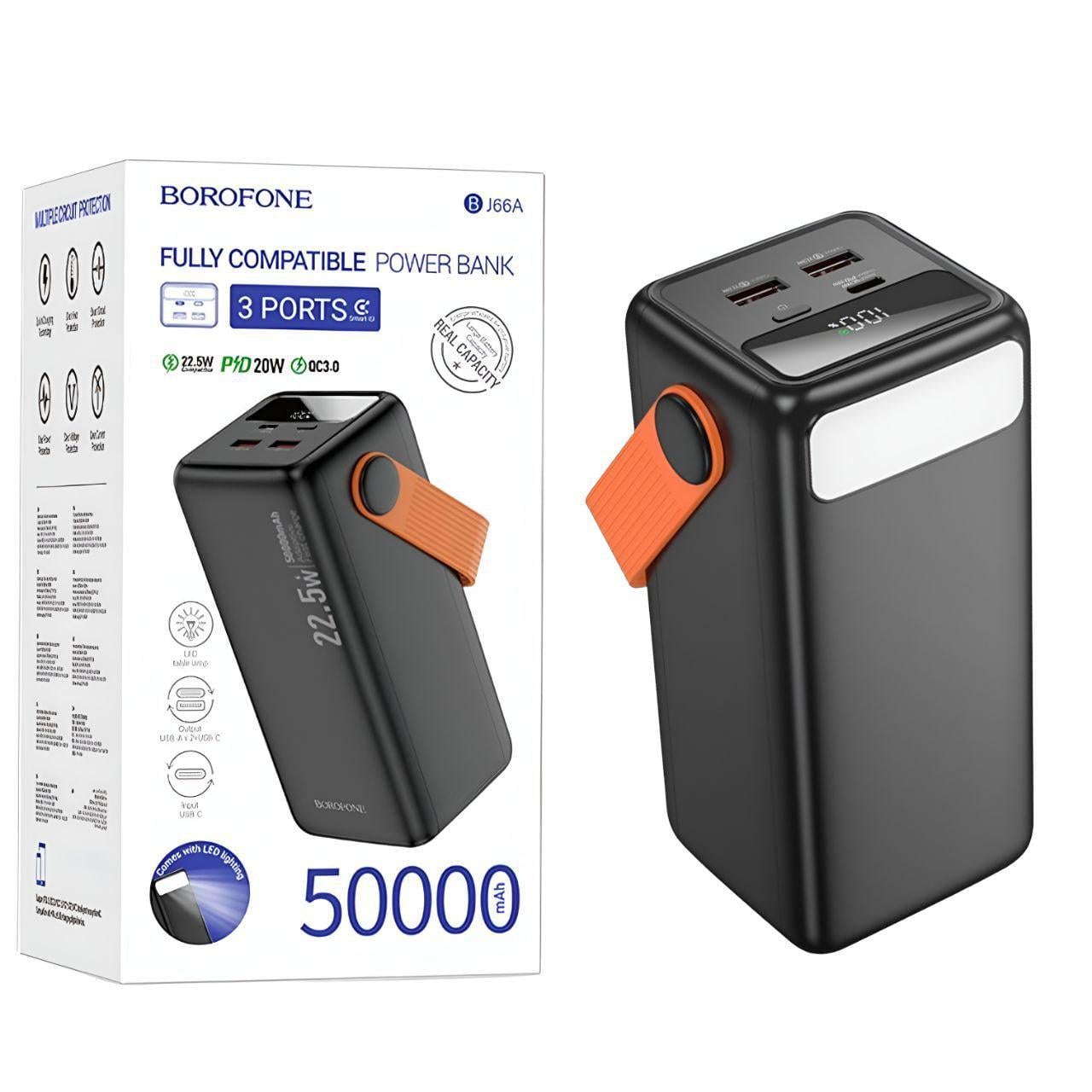 Повербанк Borofone BJ66A 50000 mAh Type-C/2xUSB-A 22,5W і PD20W з LED-дисплеєм та ліхтариком Чорний (25669311) Повербанк Borofone BJ66A 50000 mAh Type-C/2xUSB-A 22,5W і PD20W з LED-дисплеєм та ліхтариком Чорний (25669311)