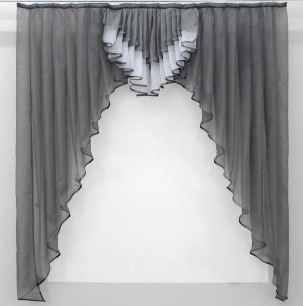 Занавеска кухонная ламбрекен шифон 150х170 см Серый/Белый (028к)