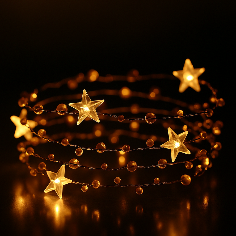 Гирлянда роса с золотыми бусинами и звездочками на батарейках 2 м 20 LED теплый белый Гирлянда роса с золотыми бусинами и звездочками на батарейках 2 м 20 LED теплый белый