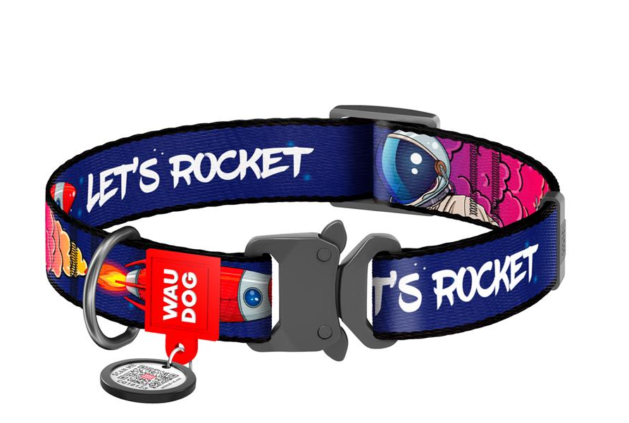 Ошейник для собак нейлоновый WAUDOG Ракета c QR-паспортом металлическая пряжка-фастекс XL 25 мм 35-58 см Blue (4508-0125)