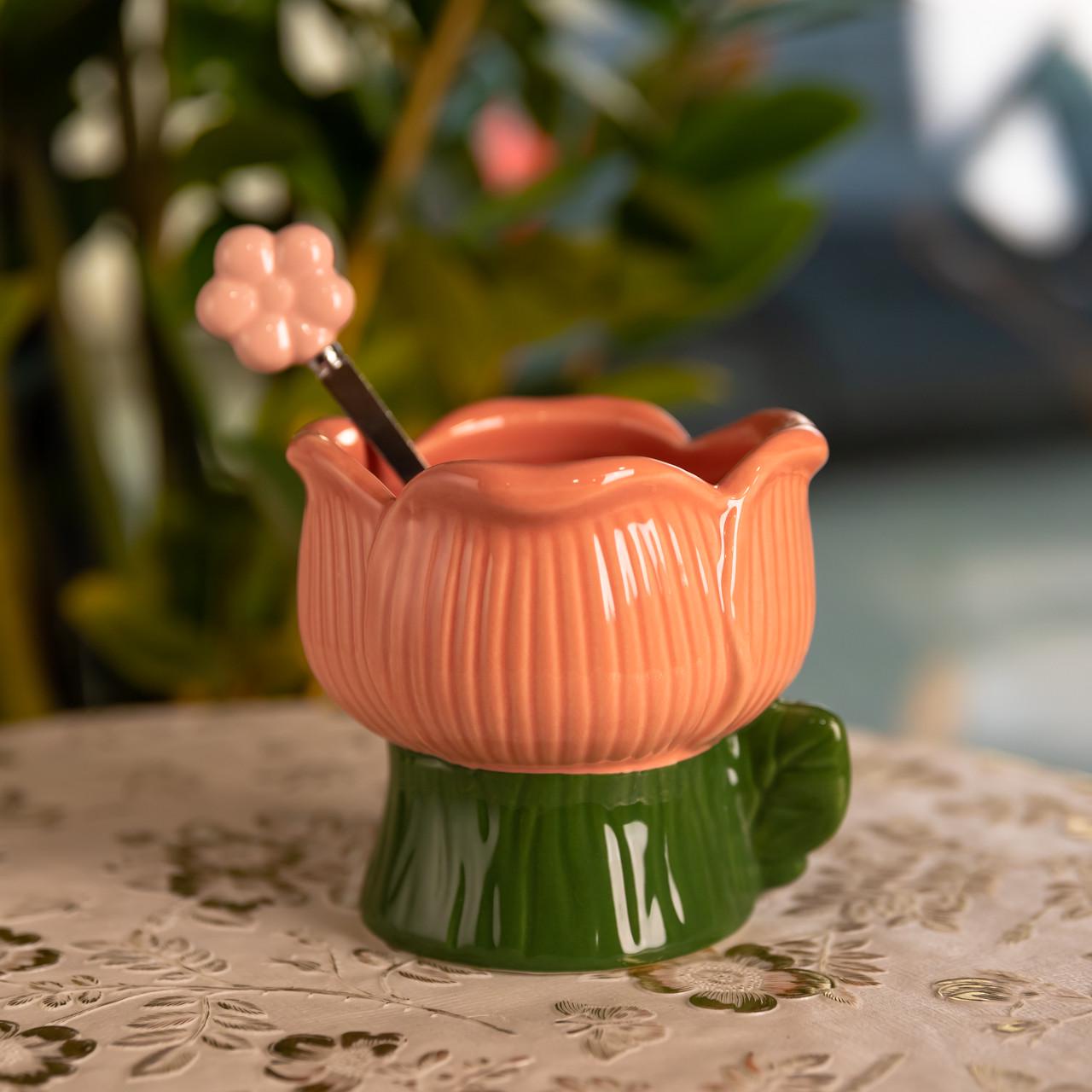 Креманка фарфоровая Тюльпан с ложкой 300 мл Зеленый (FM-42GR) Креманка фарфоровая Тюльпан с ложкой 300 мл Зеленый (FM-42GR)