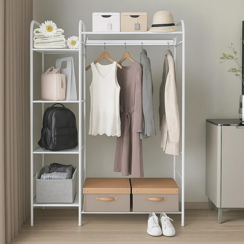 Стелаж для одягу та взуття на 4 яруси з поперечиною для тремпелів і полицею металевий Білий
