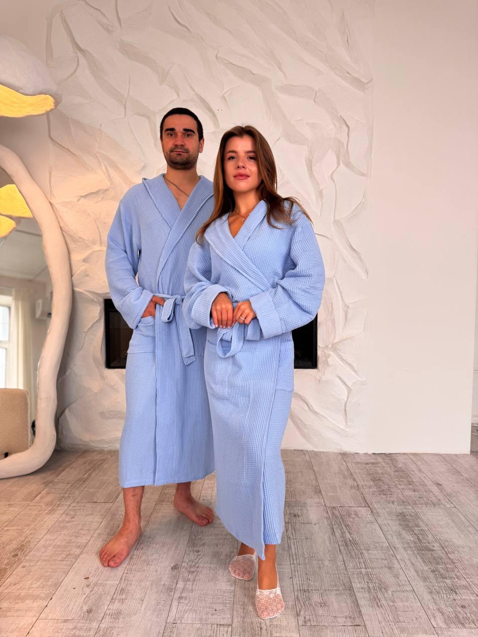 Комплект халатов женский и мужской 2 шт. M/L Голубой (П4К-al-hal-vafel-D-004)